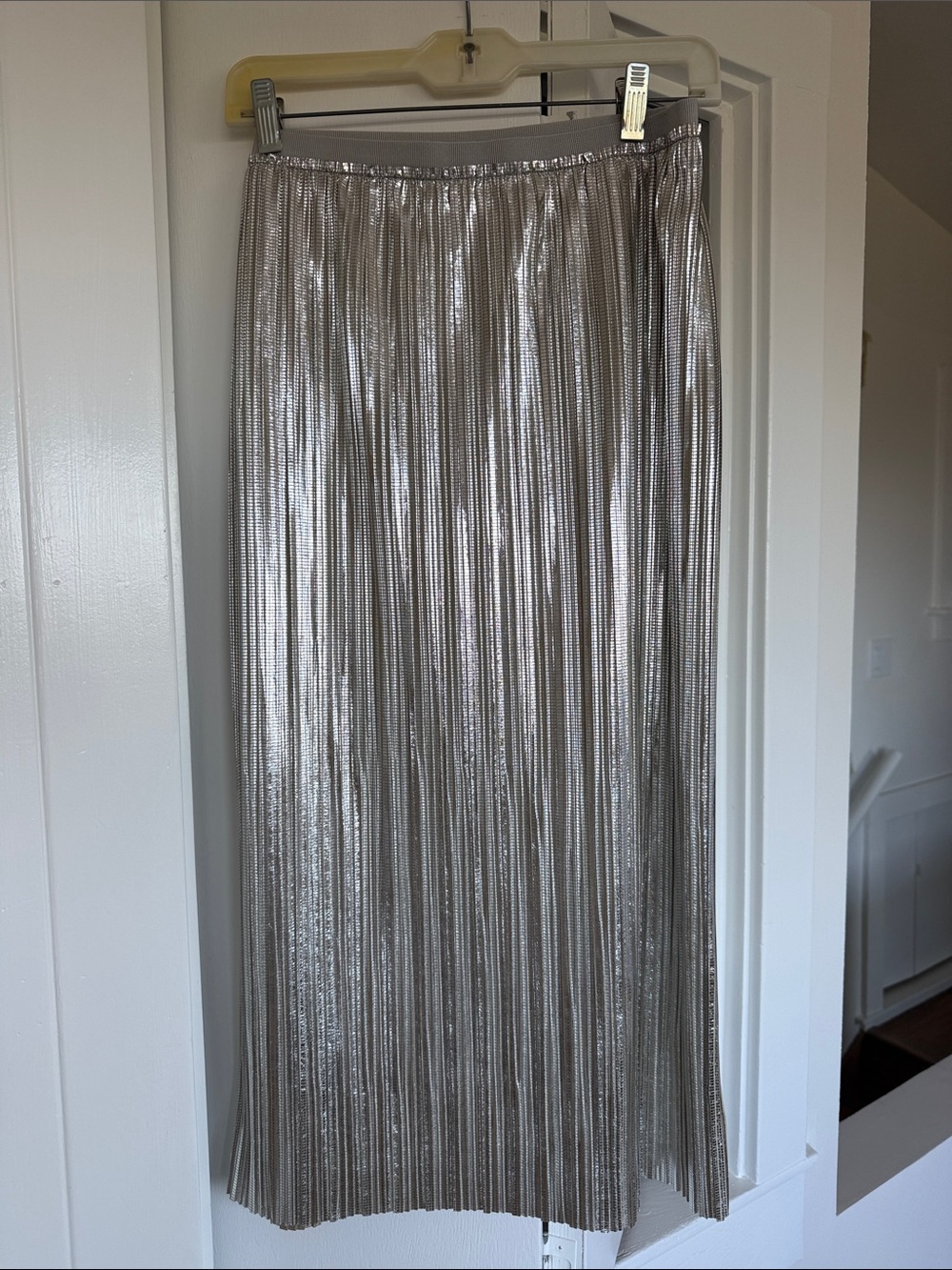 Maeve Metallic Silver Pleated Midi Skirt